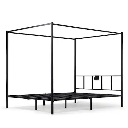 Front. CloudRest Pro - King Canopy Bed Frame with Movable Charging Station Metal Bed Frames - Black.