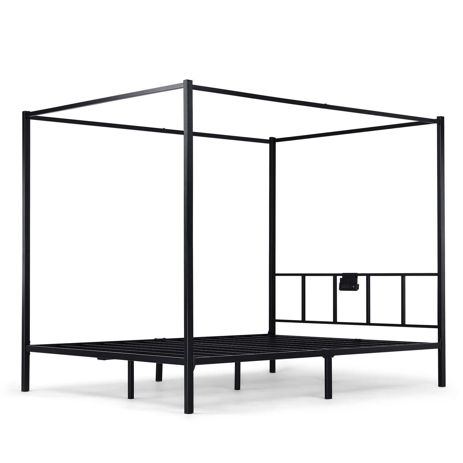 Front. CloudRest Pro - King Canopy Bed Frame with Movable Charging Station Metal Bed Frames - Black.