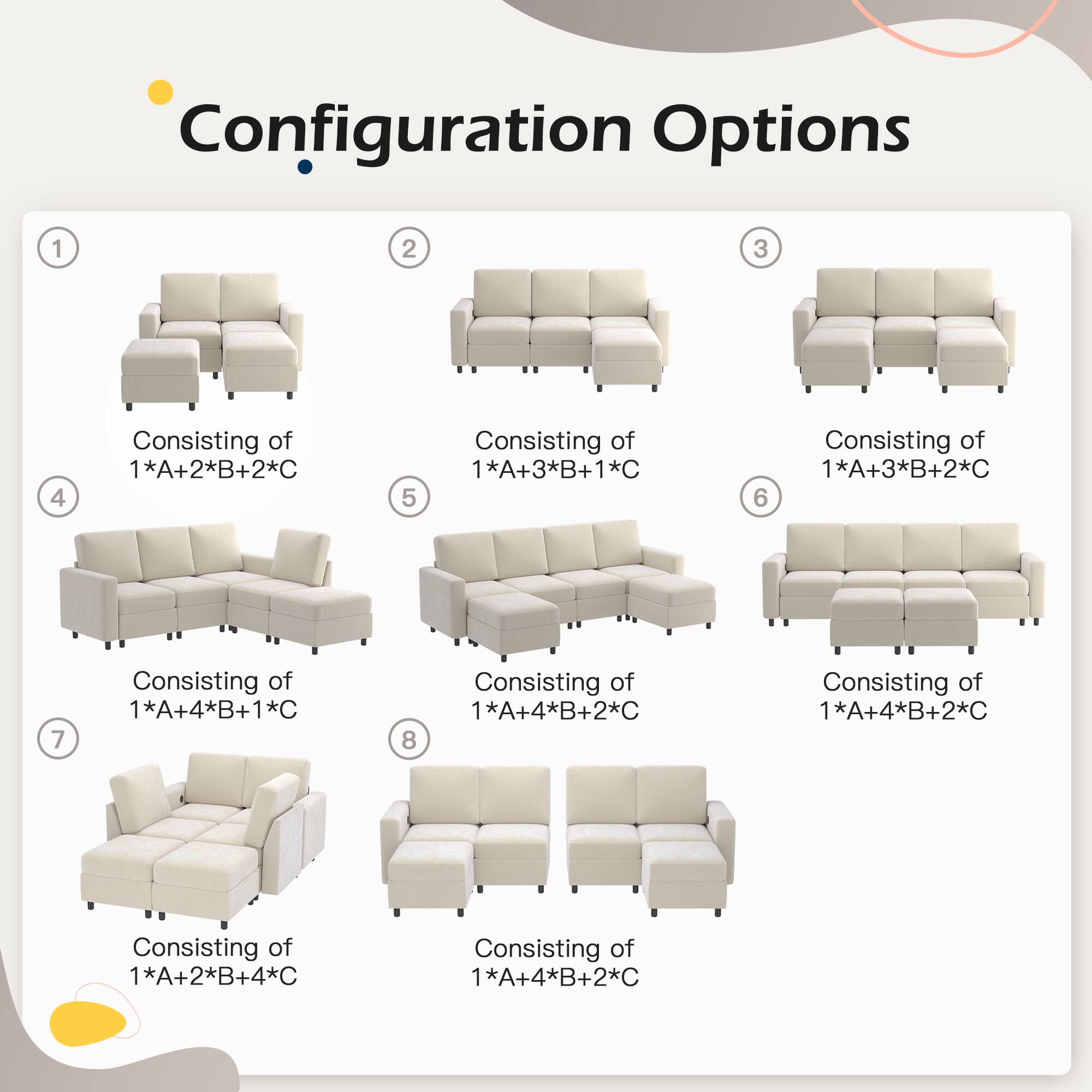 Configuration Options

1. Consisting of 1*A+2*B+2*C
2. Consisting of 1*A+3*B+1*C
3. Consisting of 1*A+3*B+2*C
4. Consisting of 1*A+4*B+1*C
5. Consisting of 1*A+4*B+2*C
6. Consisting of 1*A+4*B+2*C
7. Consisting of 1*A+2*B+4*C
8. Consisting of 1*A+4*B+2*C