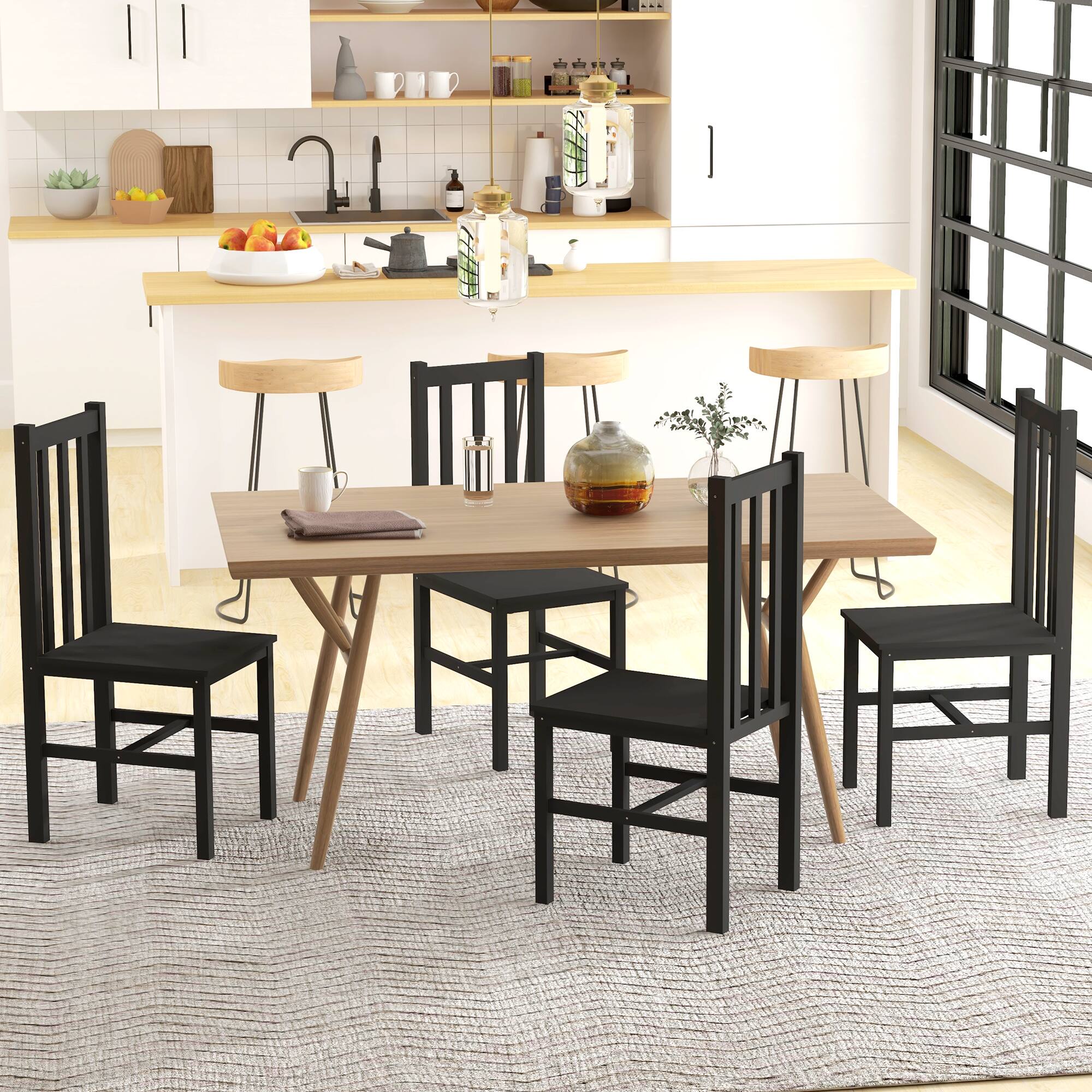 Alt View 1. Homcom - Set of 4 Farmhouse Kitchen & Dining Room Chairs with Slat Back, Pine Wood Seating for Living Room and Dining Room - Black.