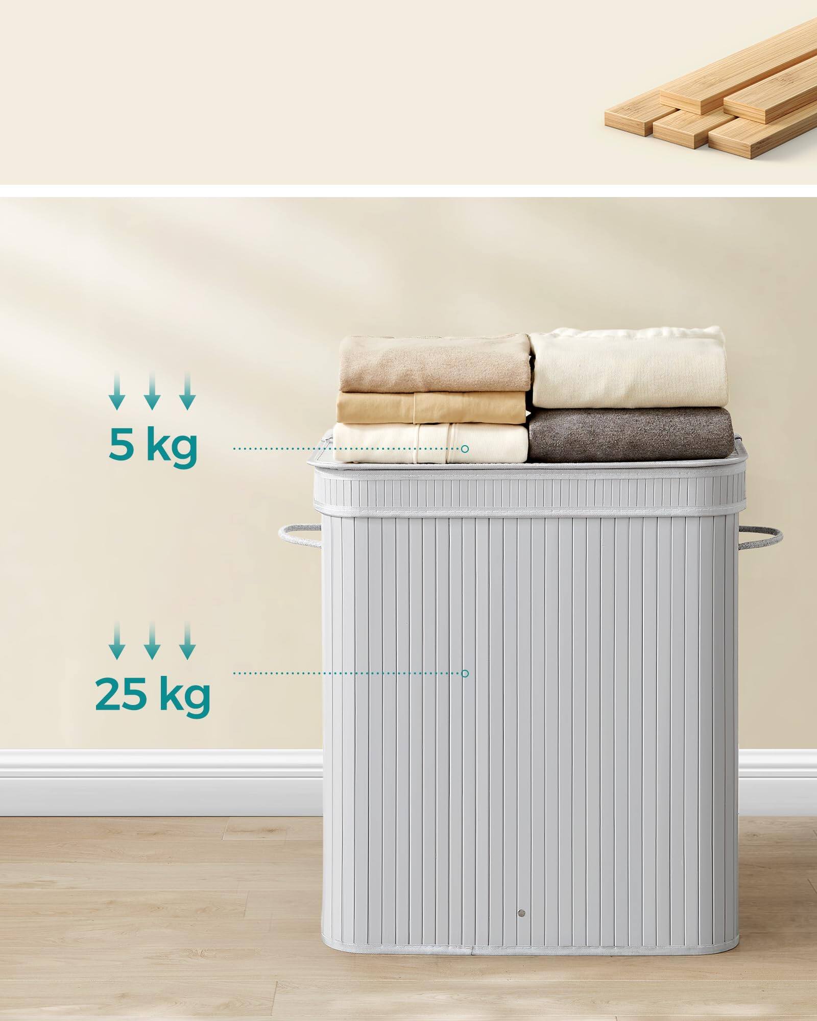 Left. Songmics Home - 100L Bamboo Laundry Basket with Lid and Handles - Gray.