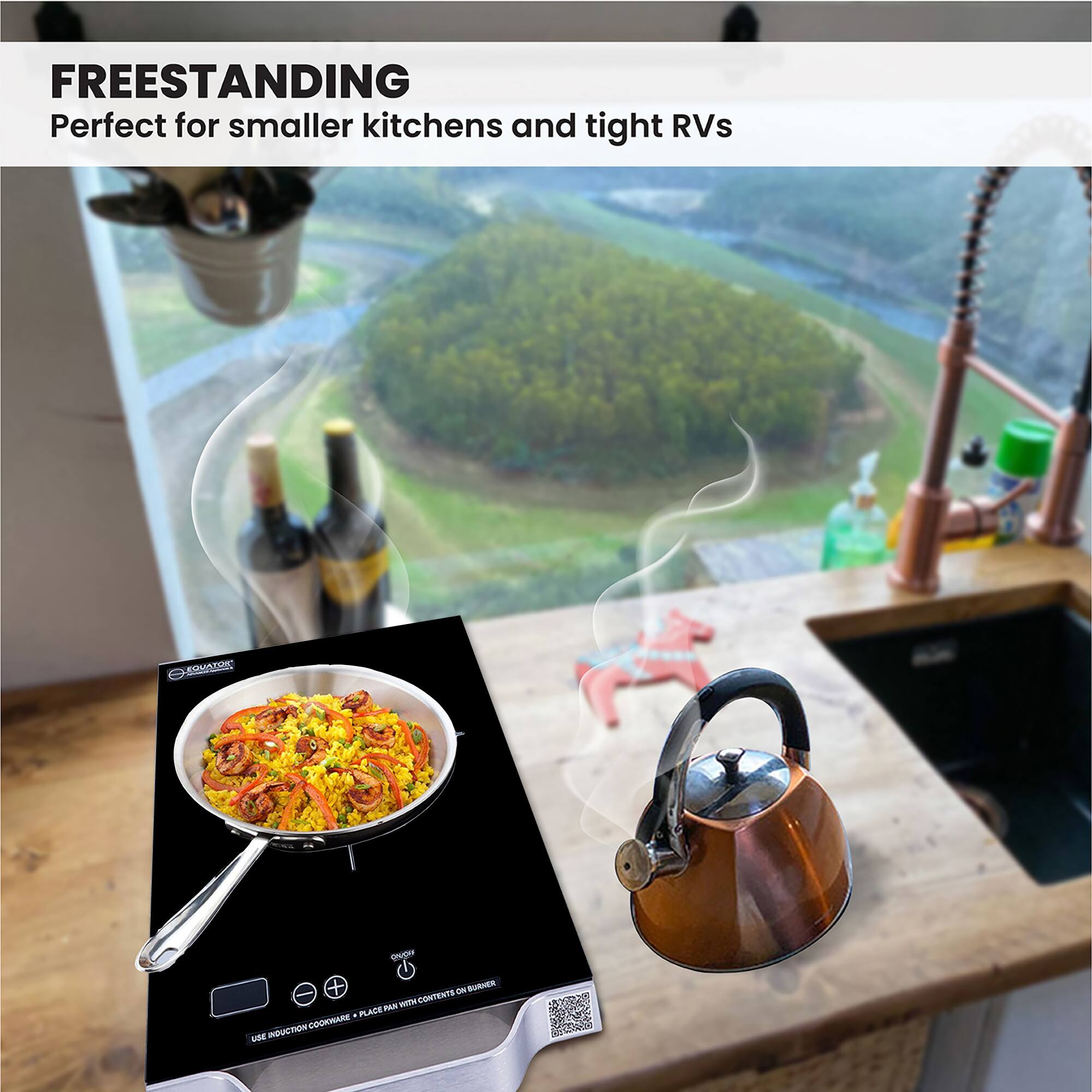 FREESTANDING  
Perfect for smaller kitchens and tight RVs  

AC cnpHr + - BUKHER - CONTENTS PAS m . nLACE DOKVIRRE VGE IEUNTON  

AGUAZIO  
USE REDUCTION COOKWARE * PLACE PAN WITH CONTENTS ON BURNER