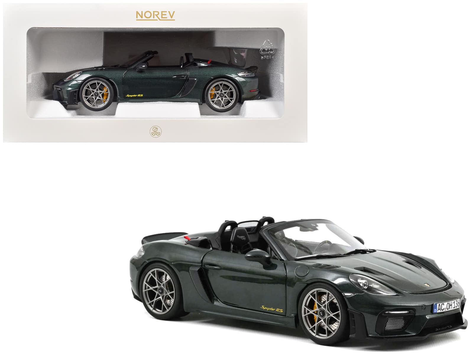 2023 Porsche 718 Spyder RS Weissach Pack Forest Green Metallic with Carbon Hood Stripes 1/18 Diecast Model Car by Norev price history on PriceWatchPro