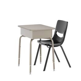 Emma + Oliver - Jacobs Desk/Chair Set with Metal Open Front Storage Box, Desktop, Metal Frame and Stackable Flex Comfort Classroom Chair - Gray Granite Top/Black Chair