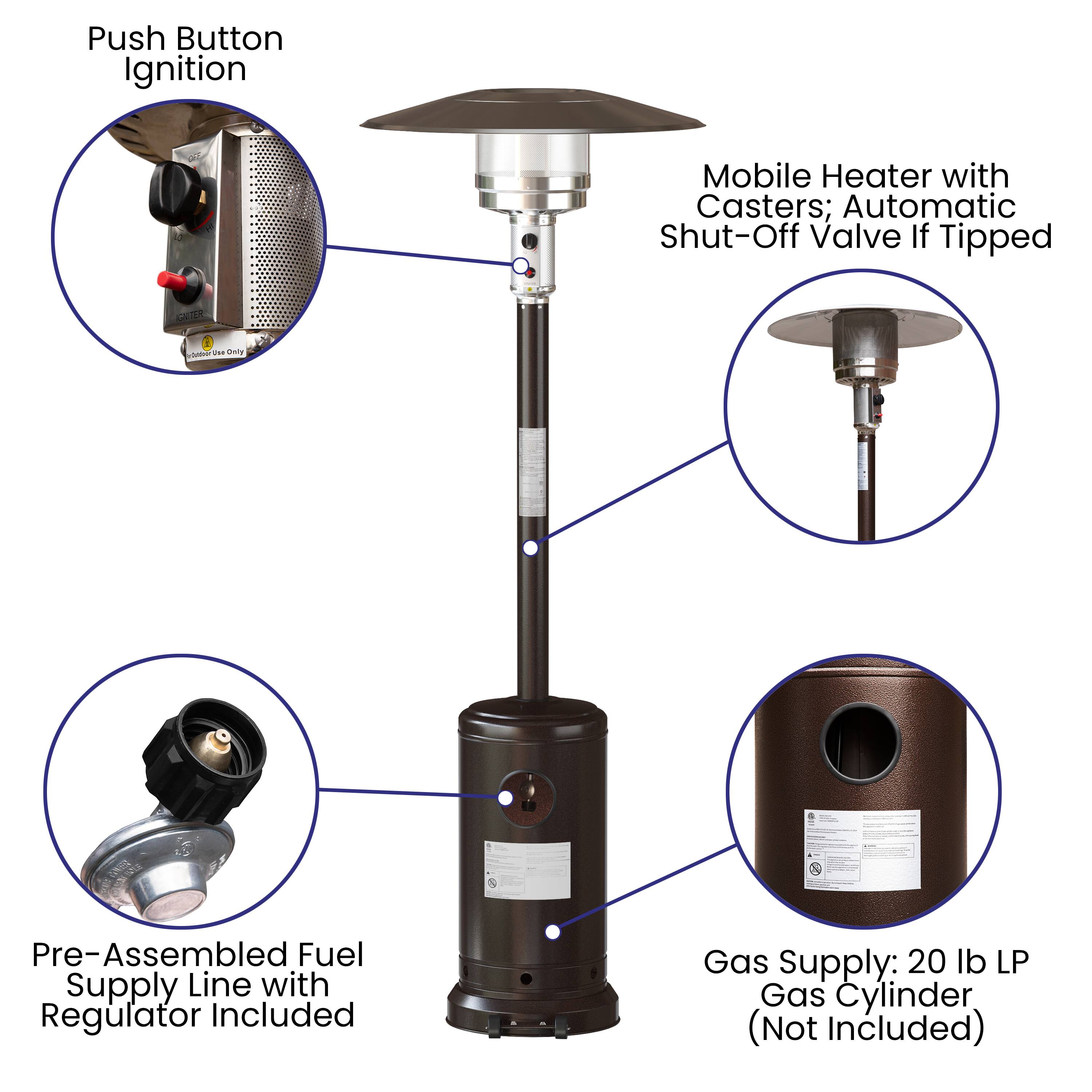 Push Button Ignition Mobile Heater with Casters; Automatic Shut-Off Valve If Tipped; Pre-Assembled Fuel Supply Line with Regulator Included; Gas Supply: 20 lb LP Gas Cylinder (Not Included)
