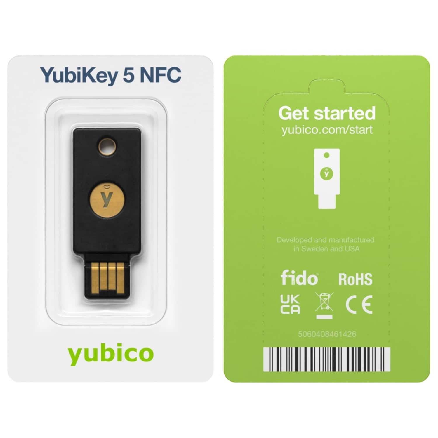 YubiKey 5 NFC Get started yubico.com/start y y Developed and manufactured in Sweden and USA fido RoHS UK CA CE yubico 5060408461426