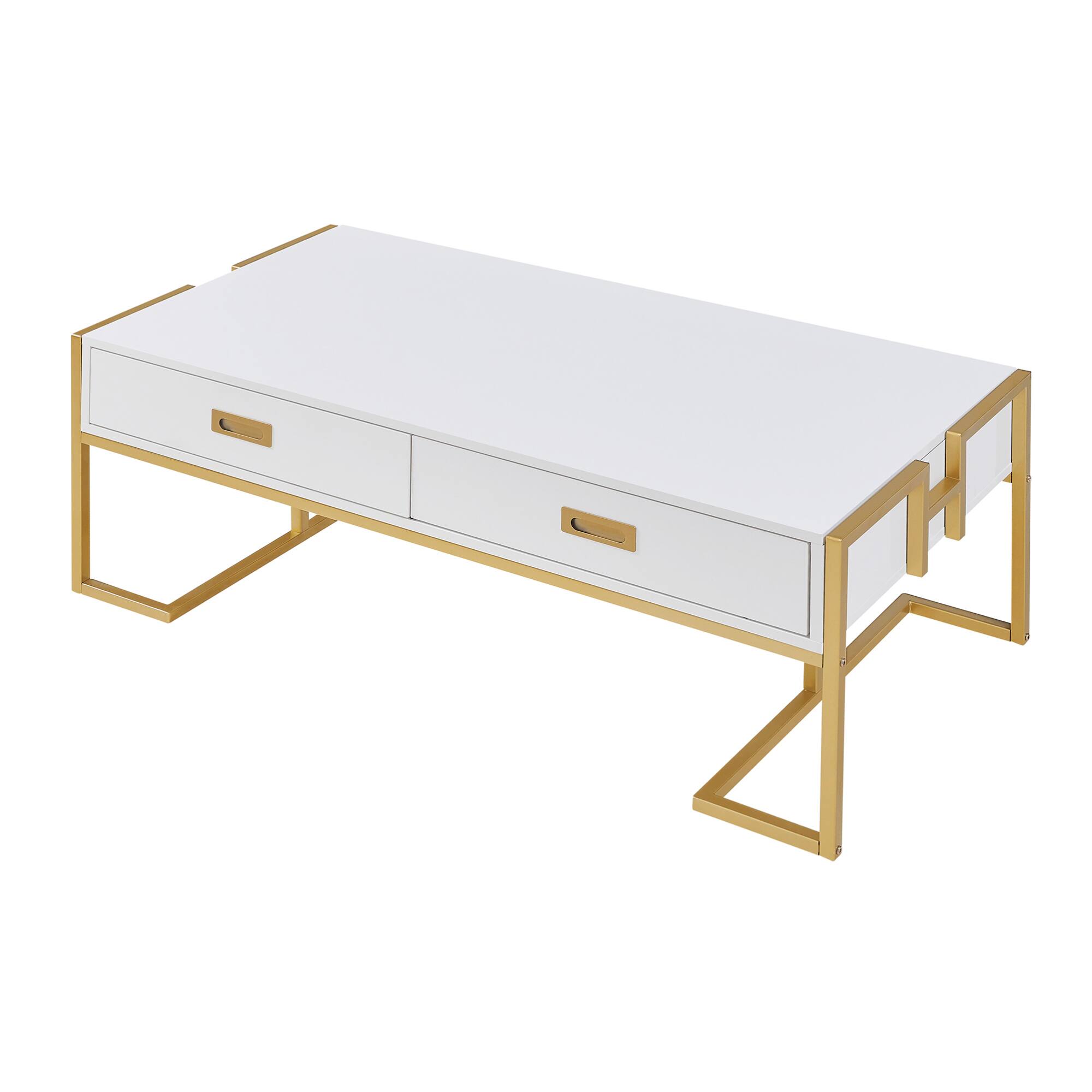 Alt View 4. GOODSILO - Modern Rectangular Coffee Table with Drawers and Metallic Base - White+Gold.