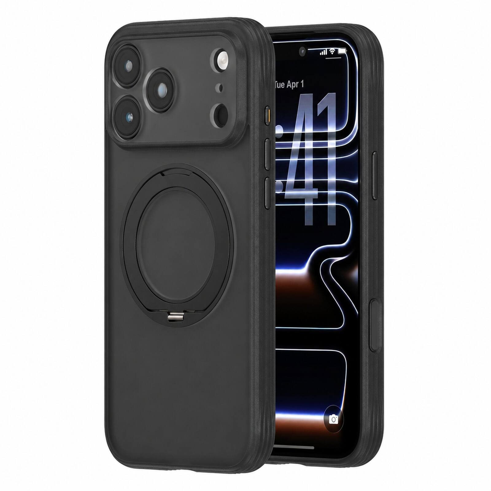 Angle. Dteck - Rugged Case For Apple iPhone 17 Pro Shockproor Frosted Translucent Ring Stand Cover Compatible with Magsafe Accessories - Black.