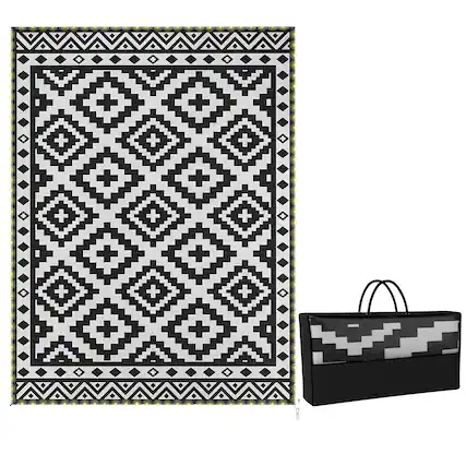Front. Outsunny - Rug Carpet Reversible Plastic Straw Rug with LED Lights Black and White 12' x 9' for - Black, White.