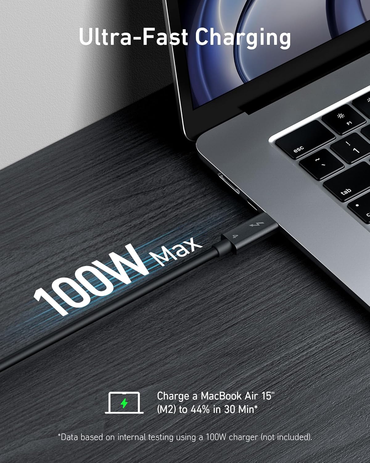 Ultra-Fast Charging  
100W Max  

Charge a MacBook Air 15" (M2) to 44% in 30 Min*  
*Data based on internal testing using a 100W charger (not included).
