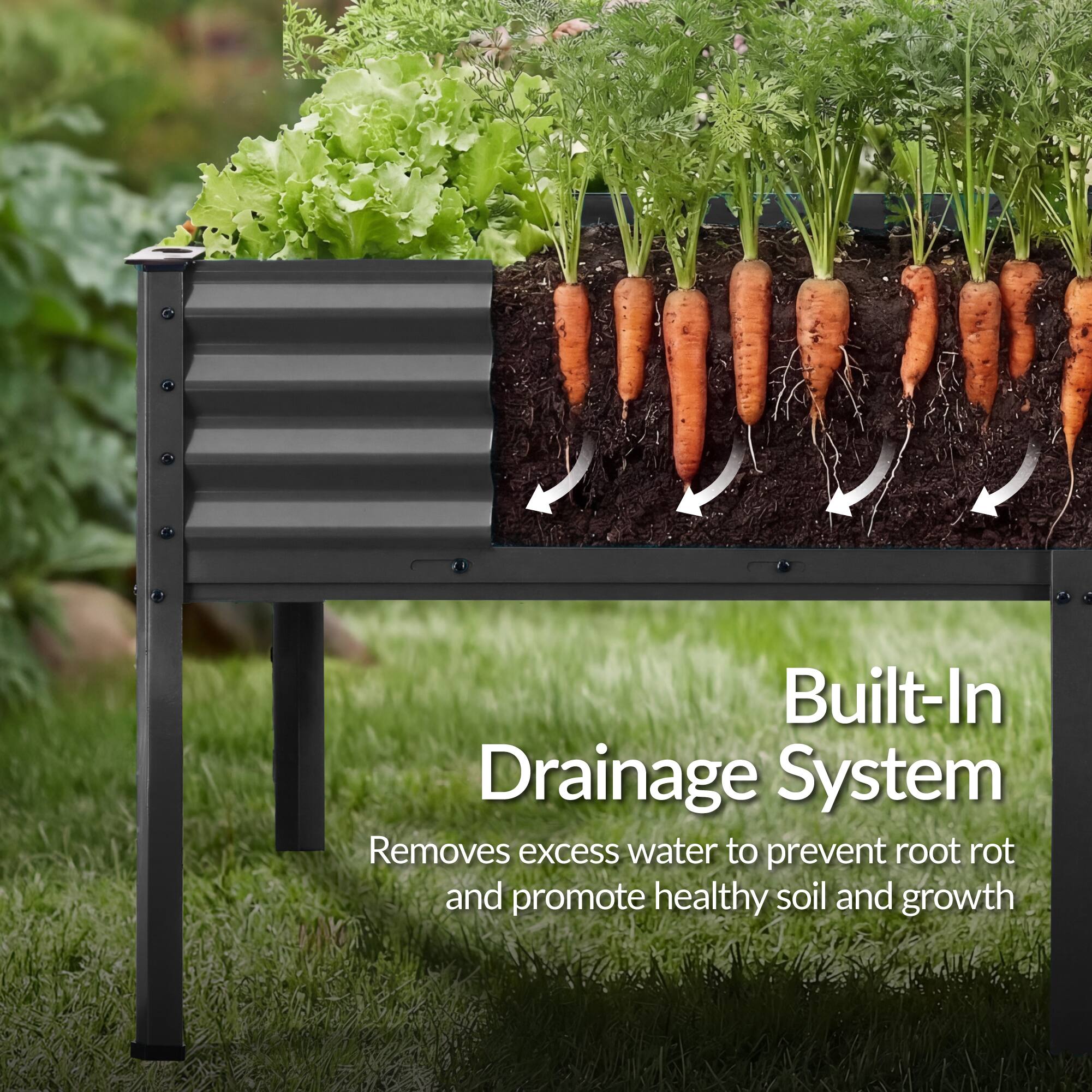Built-In Drainage System  
Removes excess water to prevent root rot and promote healthy soil and growth
