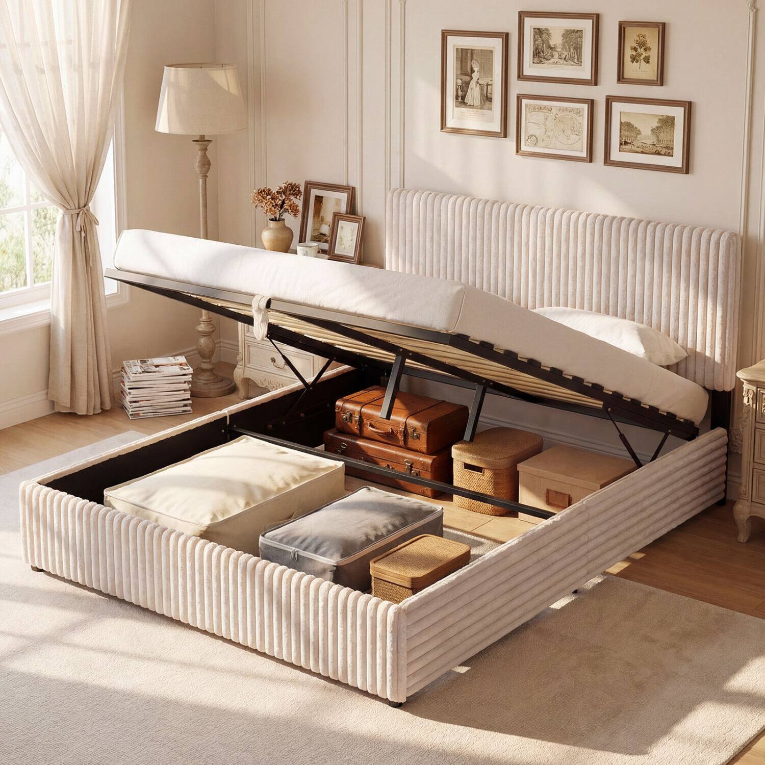 Alt View 5. LUCKY ONE - Queen Assembled Lift-up Storage Bed with Corduroy Upholstered Headboard Wooden Slats 600 lbs - Beige.
