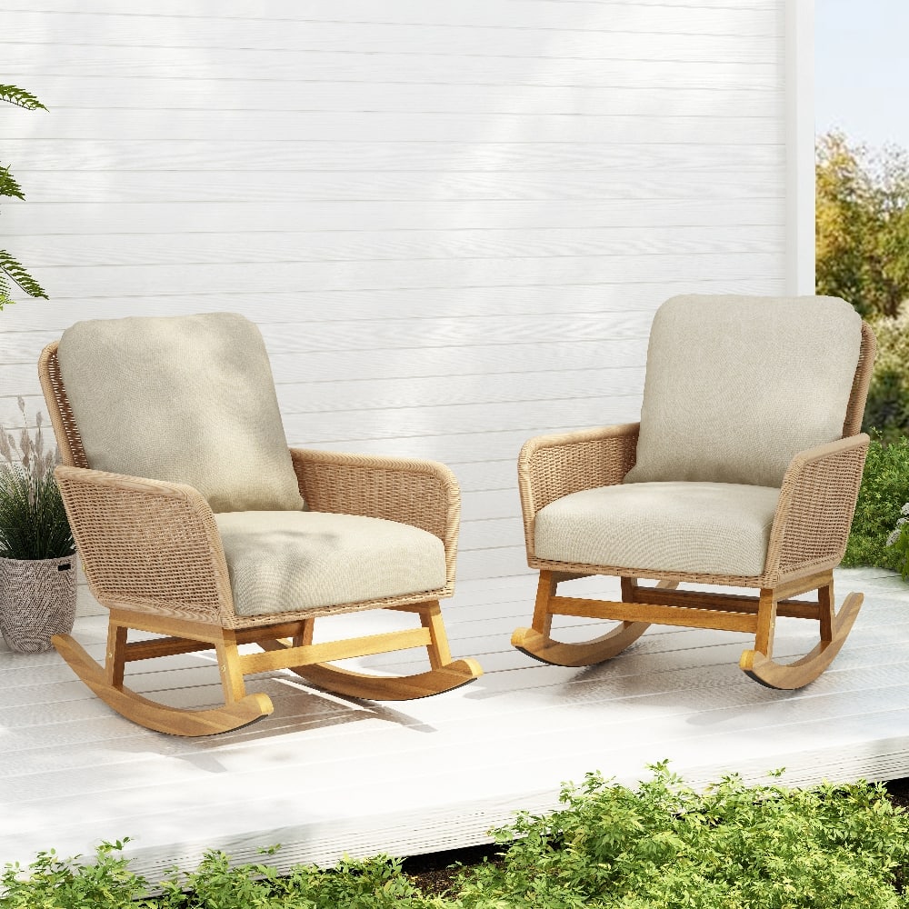 Loheer - Wicker Rocking Chair Set with Cushions Wooden Frame Indoor Outdoor Patio Seating - Beige price history on PriceWatchPro
