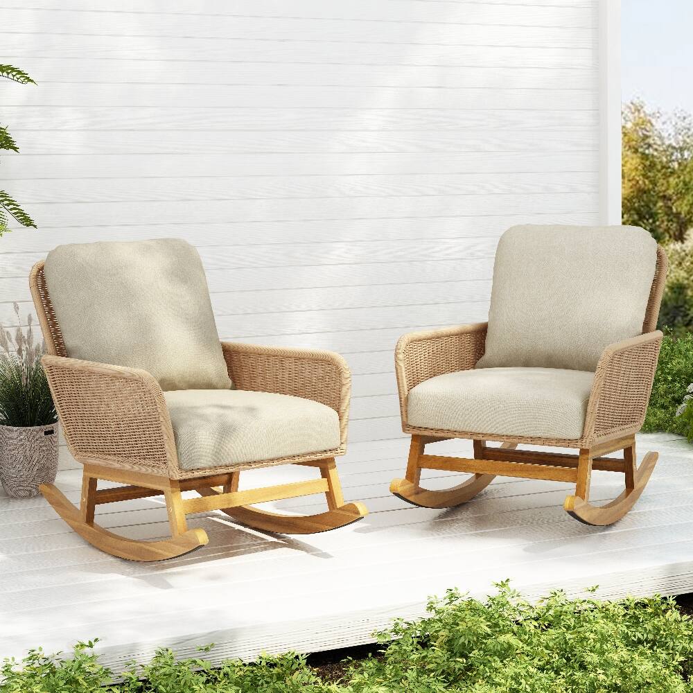 Front. Loheer - Loheer Beige Wicker Rocking Chair Set with Cushions Wooden Frame Indoor Outdoor Patio Seating - Beige.