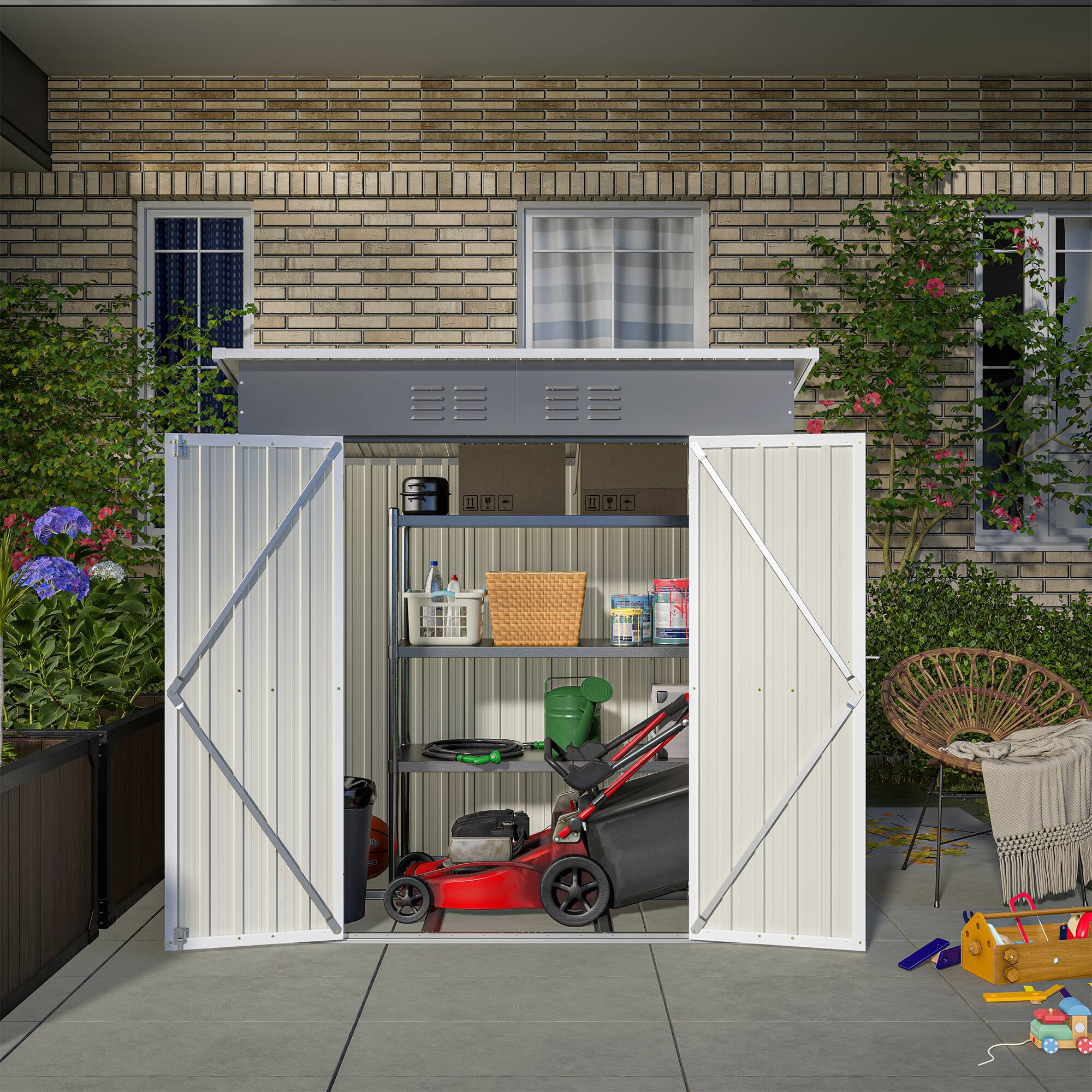 Left. Mondawe - 6x4 FT Outdoor Metal Storage Shed With Lockable Door and Floor Frame - Gray.