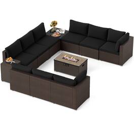 Gymax - 12 PCS Outdoor Patio Wicker Sectional Sofa Set w/ 32'' Propane Fire Pit Table Tank Holder - Black