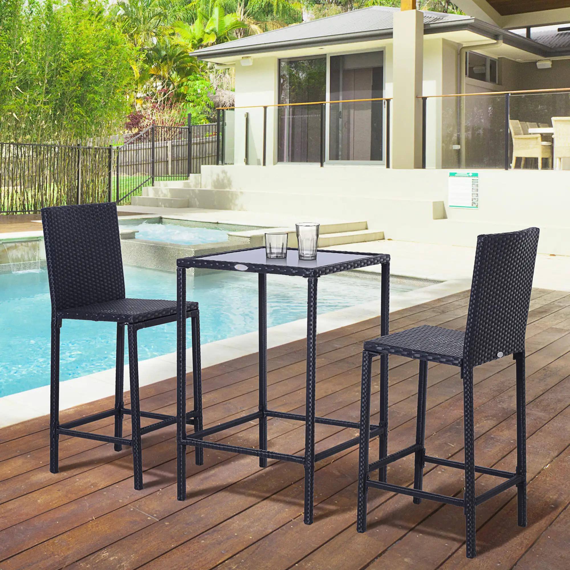 Left. Resenkos - Resenkos 3pcs Rattan Bar Set, A Bar Height Table, Two Matching Stools, Glass, Rattan, Aluminum, Black - Black.