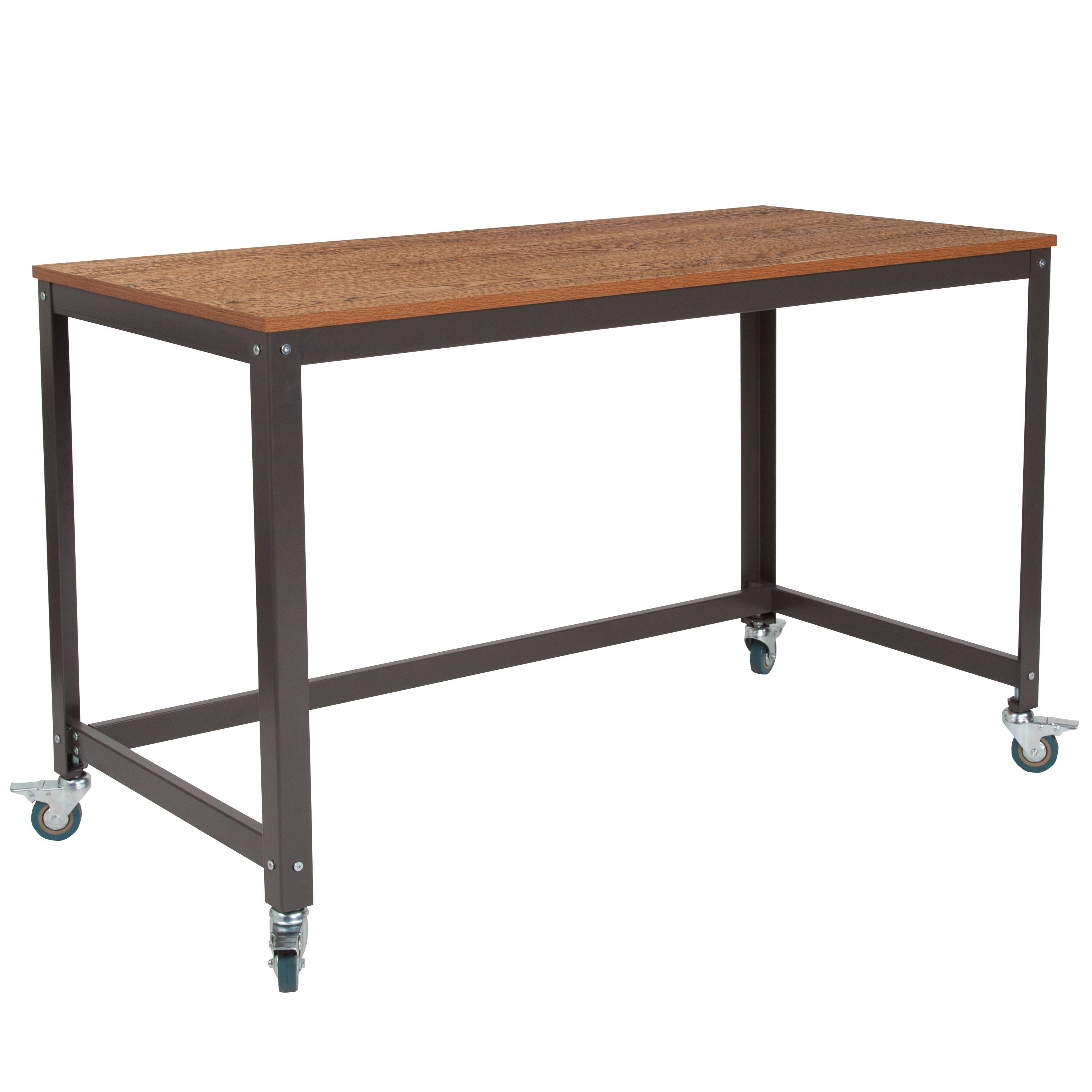 Emma + Oliver - Computer Table and Desk in Wood Grain Finish with Metal Wheels - Brown Oak
