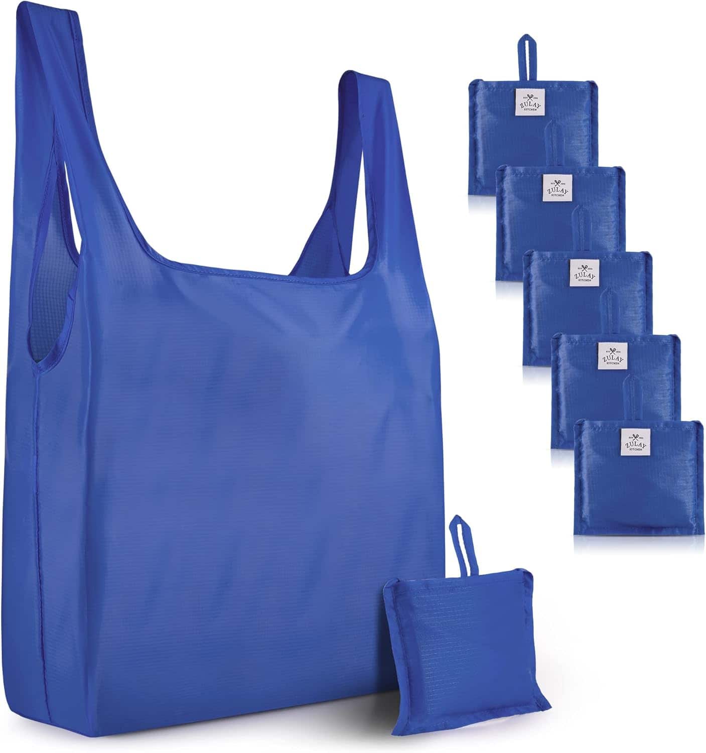 Zulay Kitchen - 5 Pack 50 Pound Reusable Grocery Bags - Large Foldable Reusable Bags With Handles and Drawstring Bag - Blue