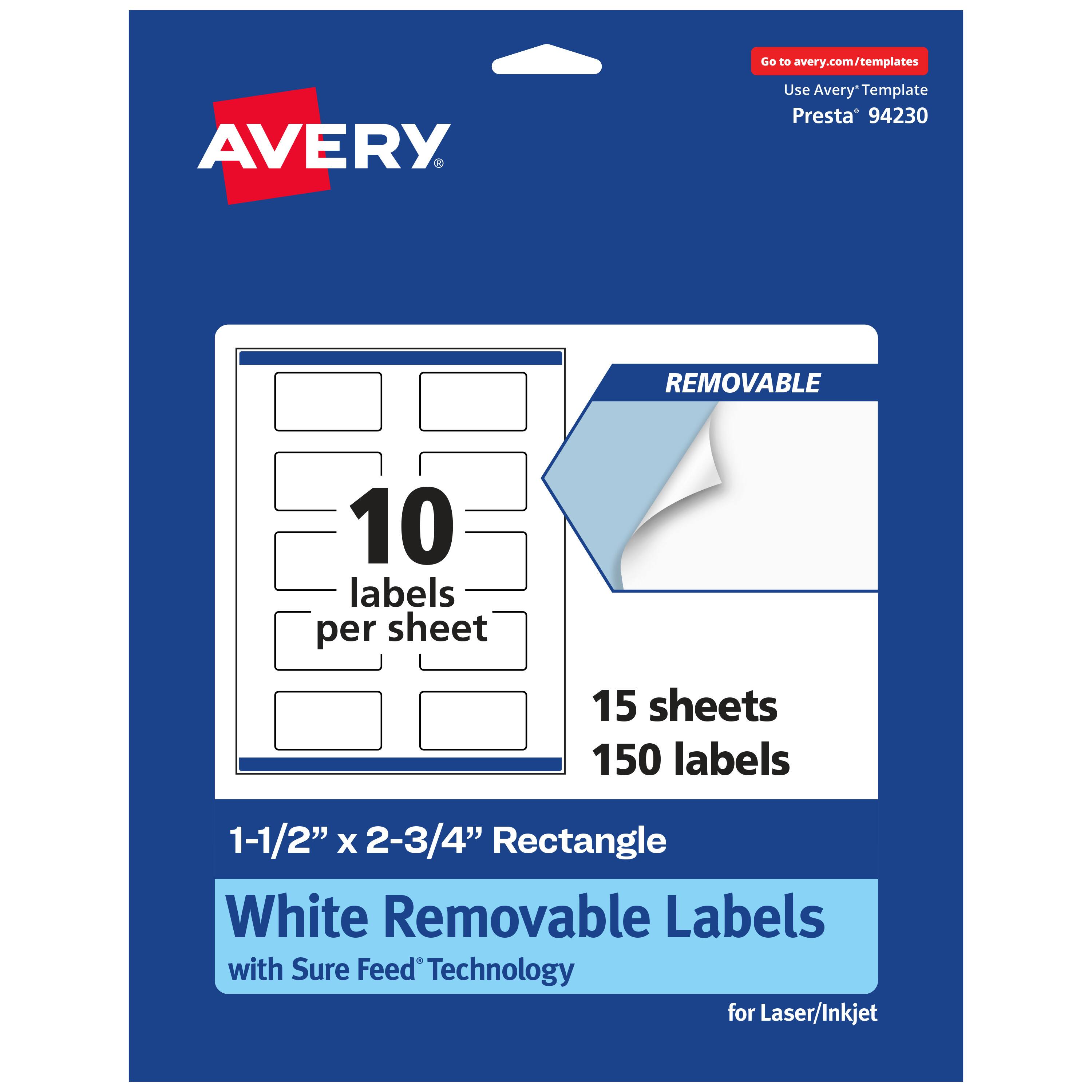 Go to avery.com/templates  
AVERY  
Use Avery Template Presta® 94230  

10 labels per sheet  
15 sheets  
150 labels  

1-1/2" x 2-3/4" Rectangle  
White Removable Labels with Sure Feed® Technology for Laser/Inkjet