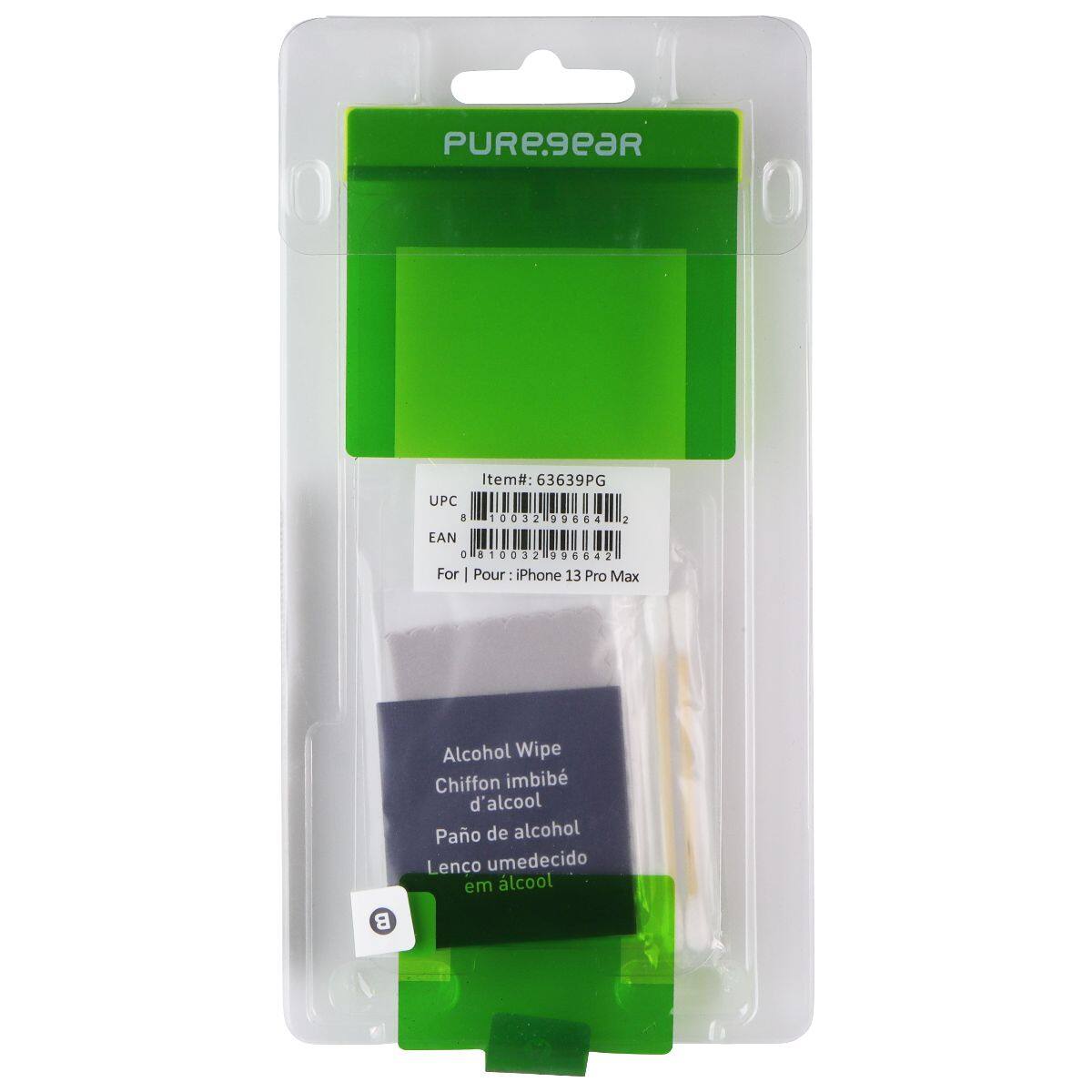 PUREgeaR Item#: 63639PG  
UPC 1 10032 99664  
EAN 0 10032 996642  
For | Pour iPhone 13 Pro Max  
Alcohol Wipe  
Chiffon imbibé d'alcool  
Pano de álcool  
Lenço umedecido em álcool