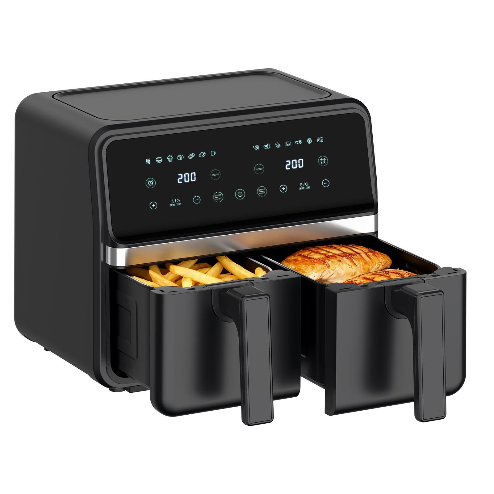 Teendow - Dual Basket Air Fryer, 9-Quart Large Capacity Air Fryer with Smart Touchscreen, 8 Preset Cooking Functions - Black