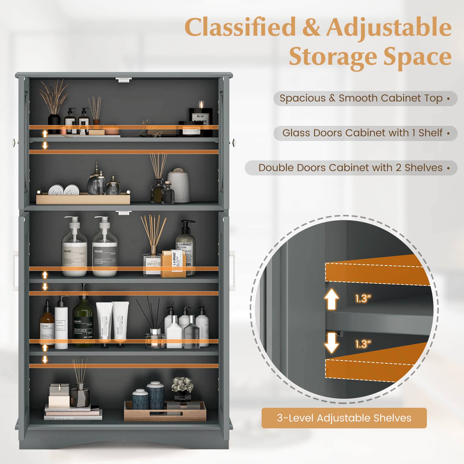 Classified & Adjustable Storage Space, Spacious & Smooth Cabinet Top, Glass Doors Cabinet with 1 Shelf, Double Doors Cabinet with 2 Shelves, 3-Level Adjustable Shelves, 1.3", 1.3"