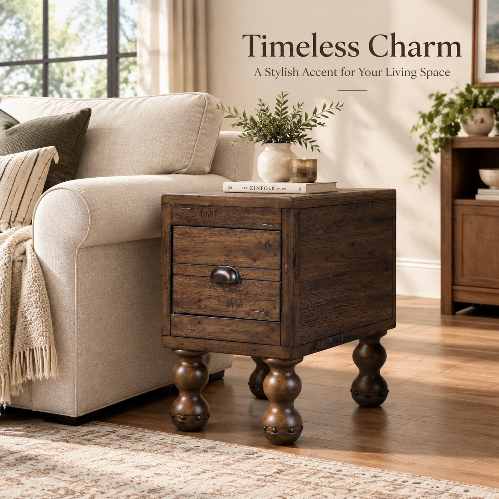 RYHNUYNE Solid Wood End Table, 23.6 in Narrow Side Table, Storage ...