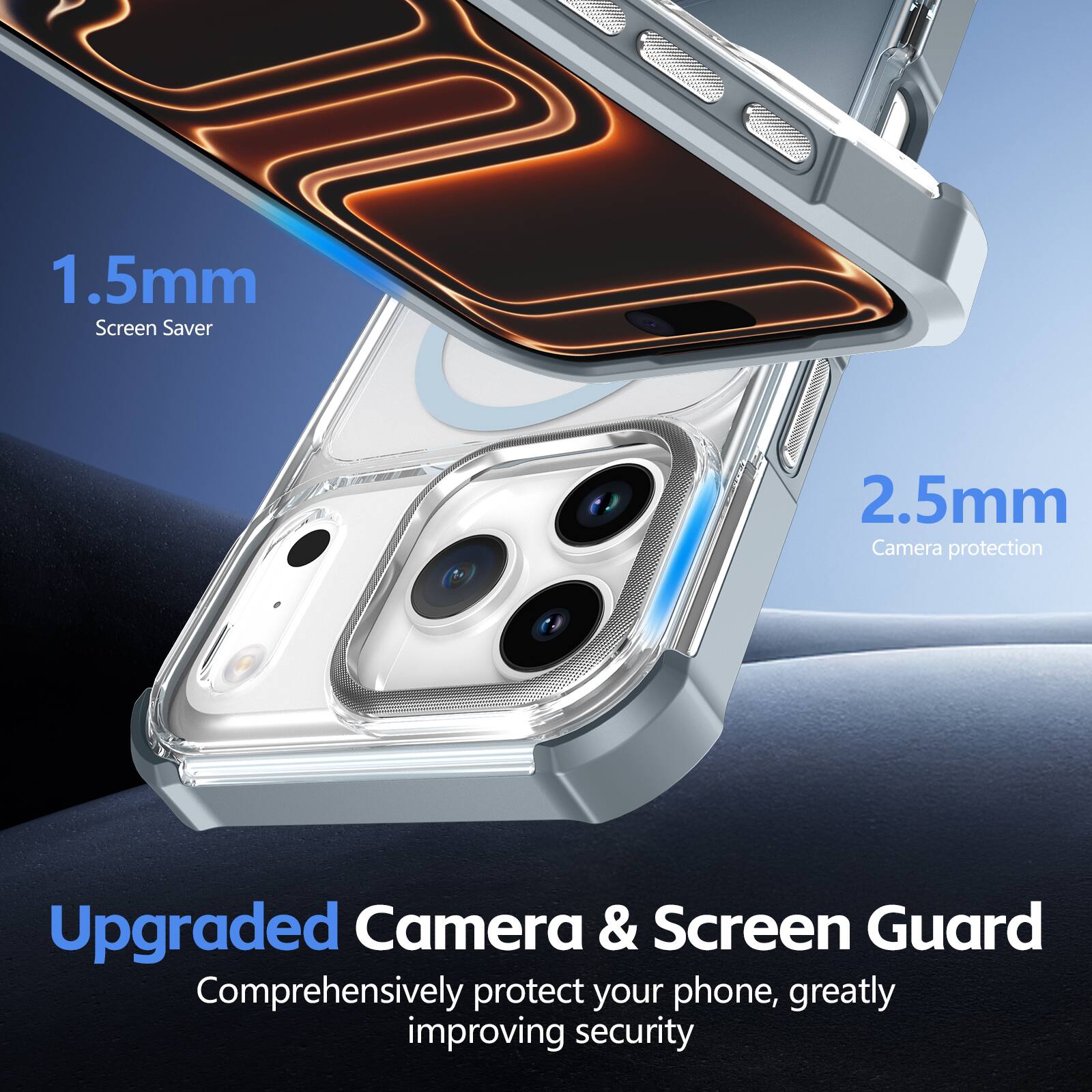 1.5mm Screen Saver  
2.5mm Camera protection  
Upgraded Camera & Screen Guard  
Comprehensively protect your phone, greatly improving security
