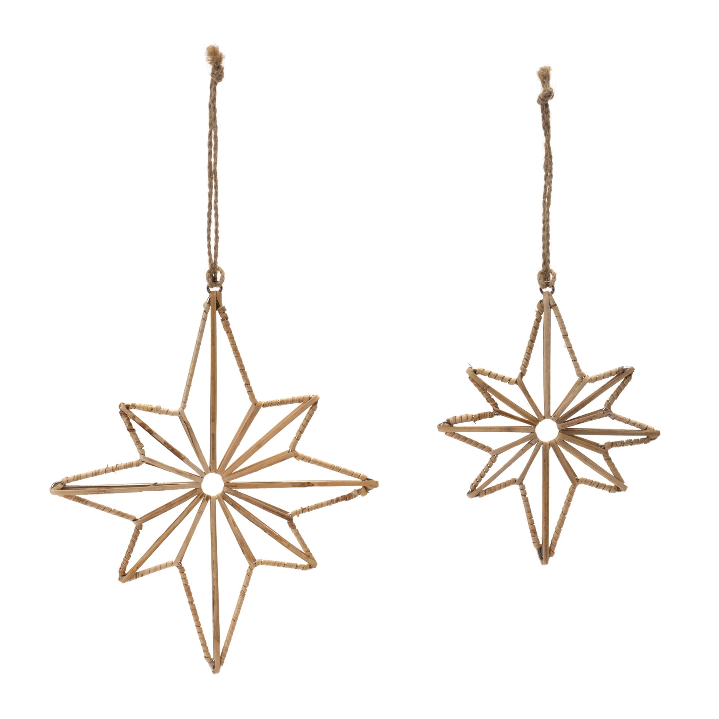 Angle. BreeBe - Rattan Wrapped Metal Star Ornament (Set of 12) - Beige.