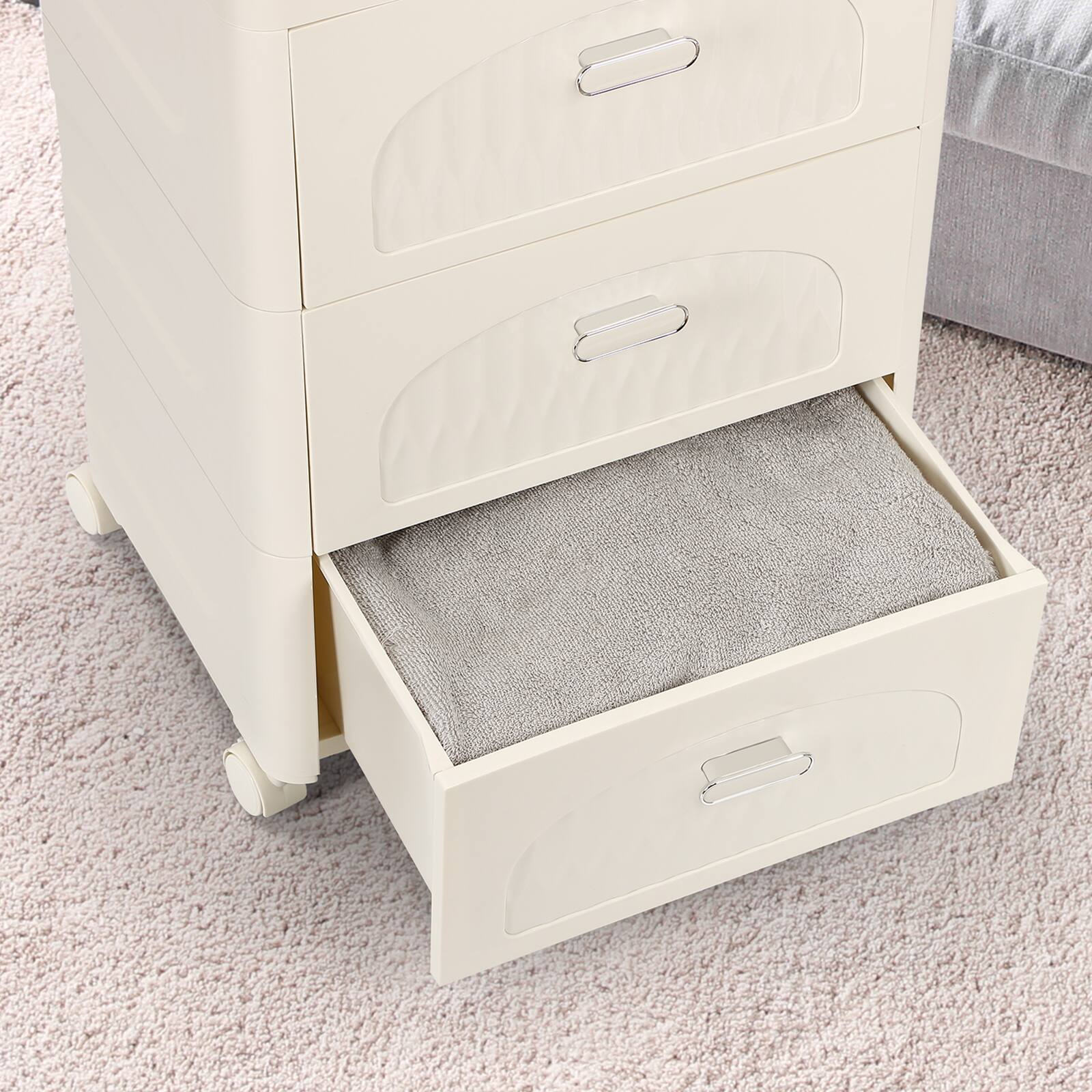 Back. Oumilen - 3-Drawer Rolling Storage Cart, White Plastic Organizer with Wheels - White.