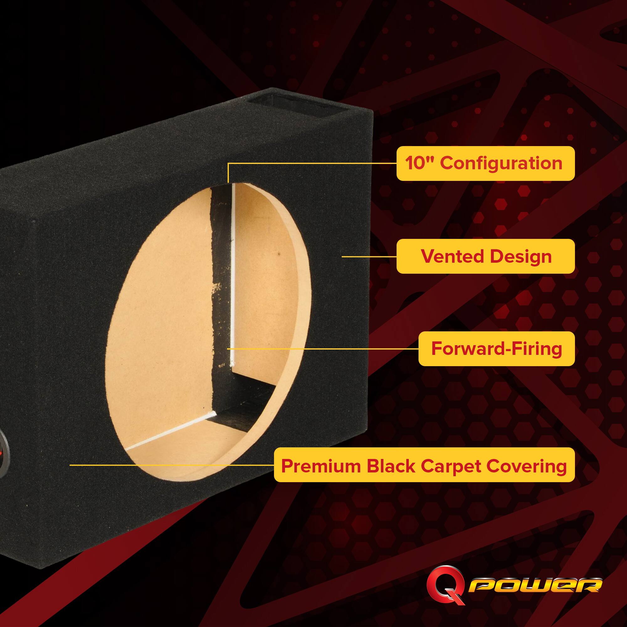 10" Configuration  
Vented Design  
Forward-Firing  
Premium Black Carpet Covering  
Q POWER