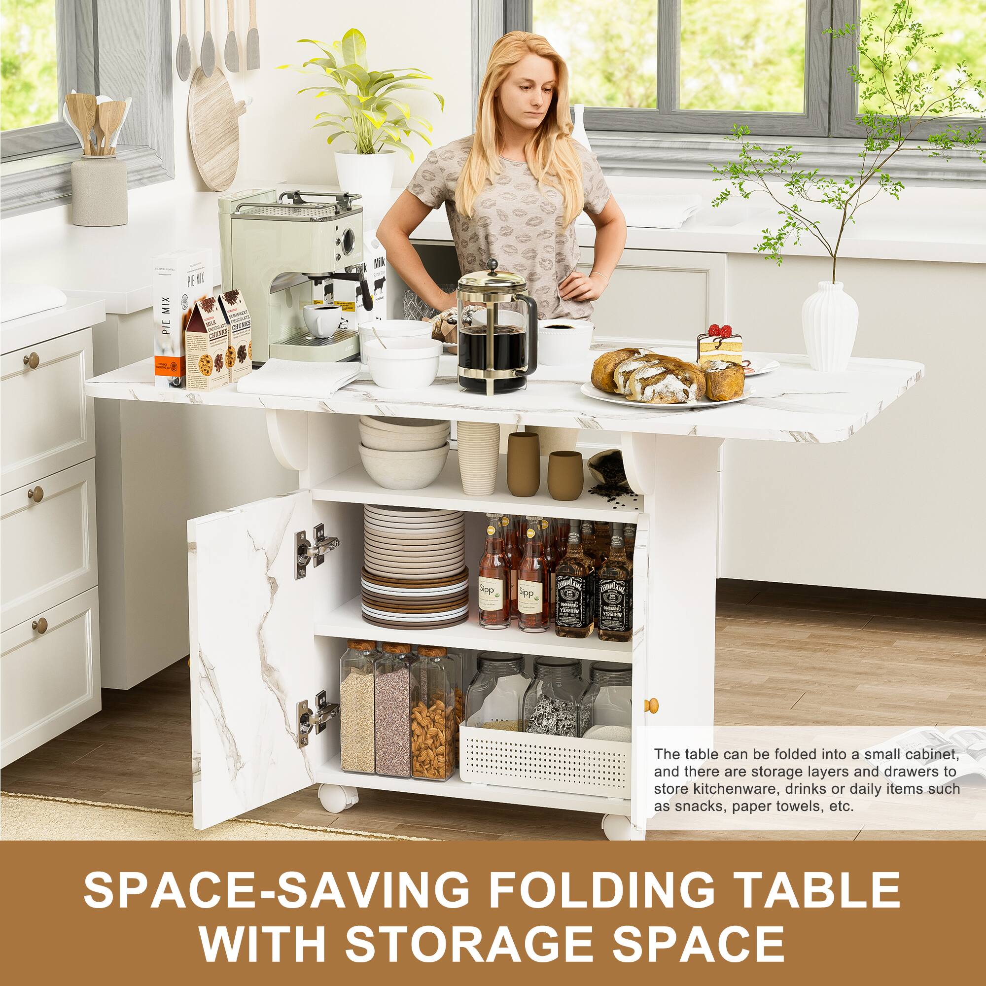 SPACE-SAVING FOLDING TABLE WITH STORAGE SPACE

The table can be folded into a small cabinet, and there are storage layers and drawers to store kitchenware, drinks or daily items such as snacks, paper towels, etc.