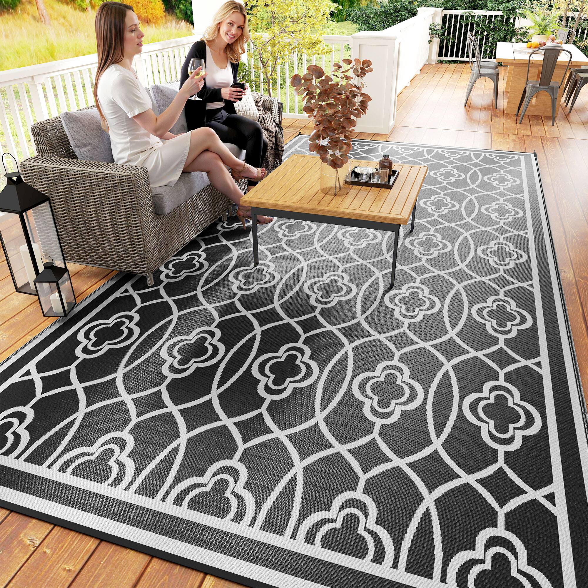 Alt View 8. Outsunny - Outdoor Rug for Patio, 9' x 18' Waterproof Large Mat, Reversible Plastic Straw Rug for Décor - Black and White Lantern.