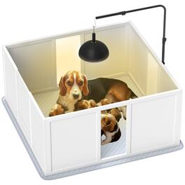 Pawhut - Whelping Box for Dogs, Newborn Supplies, Retractable Light Stand, Waterproof Pad, Adjustable Door, Small/Medium