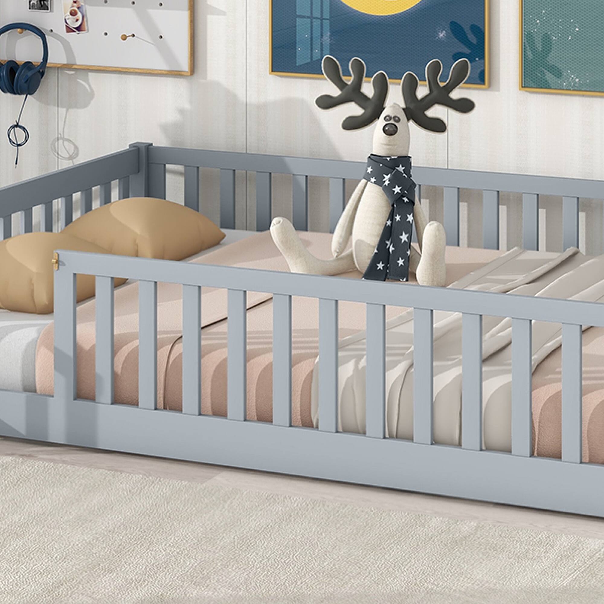 Alt View 4. GOODSILO - Full Size Low Profile Children's Floor Bed with Safety Guardrails and Entry Door, Solid Wood Construction - Grey.