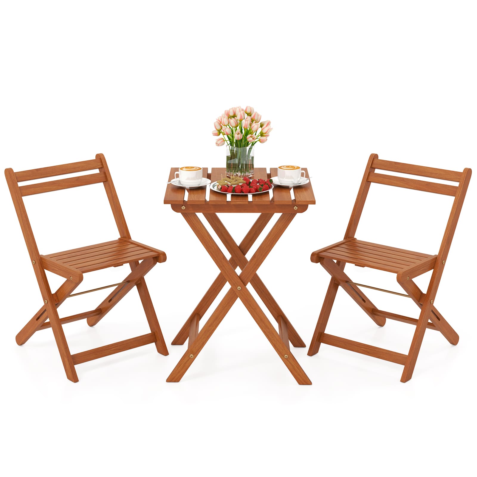 Gymax - 3 PCS Outdoor Wood Bistro Set w/ 2 Folding Chairs & Dining Table for Backyard - Teak Oil Finish