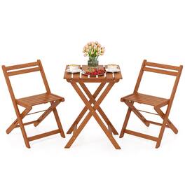 Gymax - 3 PCS Outdoor Wood Bistro Set w/ 2 Folding Chairs & Dining Table for Backyard - Teak Oil Finish