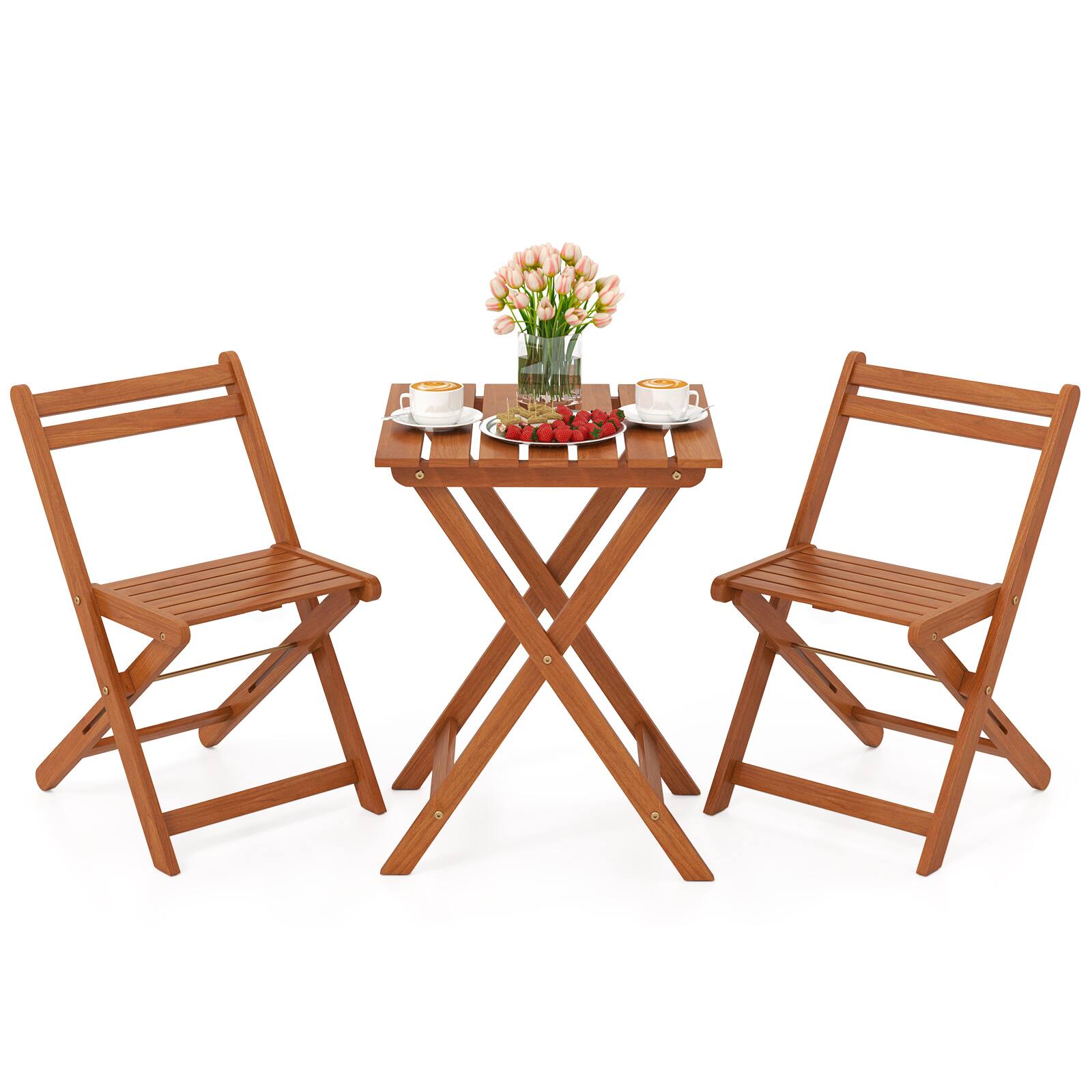 Front. Gymax - Gymax 3 PCS Outdoor Wood Bistro Set w/ 2 Folding Chairs & Dining Table for Backyard - Teak Oil Finish.