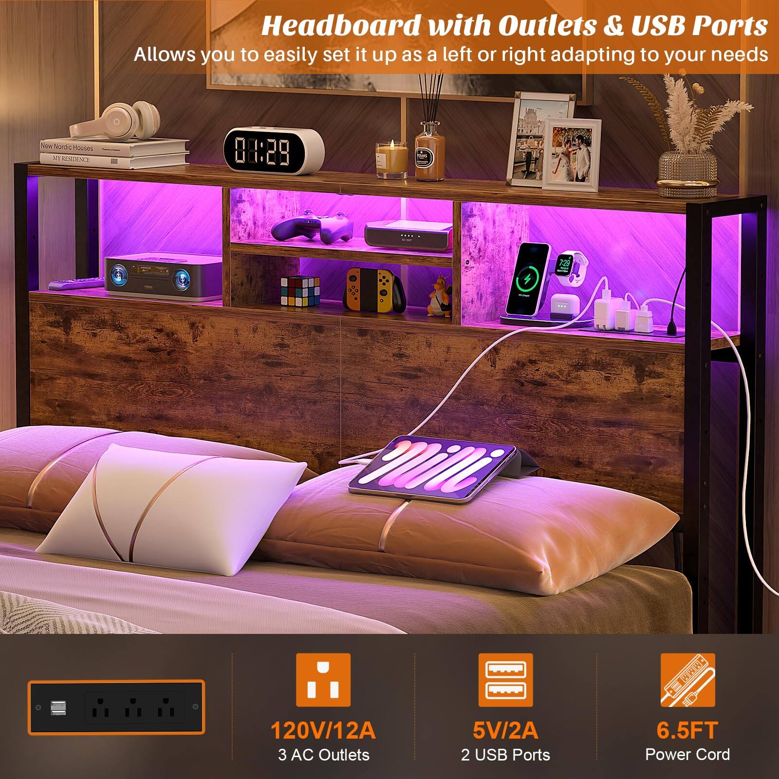 Headboard with Outlets & USB Ports  
Allows you to easily set it up as a left or right adapting to your needs  

- 120V/12A  
- 3 AC Outlets  
- 5V/2A  
- 2 USB Ports  
- 6.5FT Power Cord