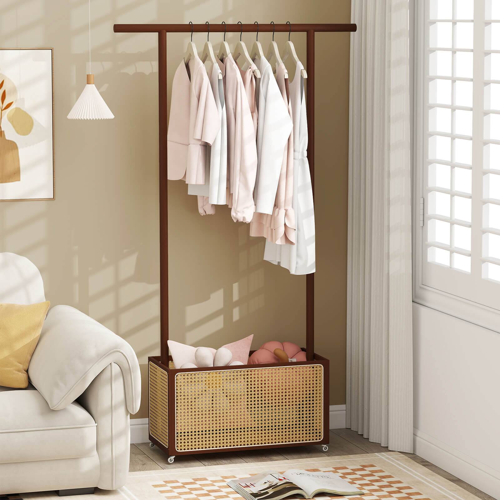Alt View 4. Costway - Costway Bamboo Clothes Rack with Rattan Storage Basket & Wheels, Rolling Garment Rack - Brown.