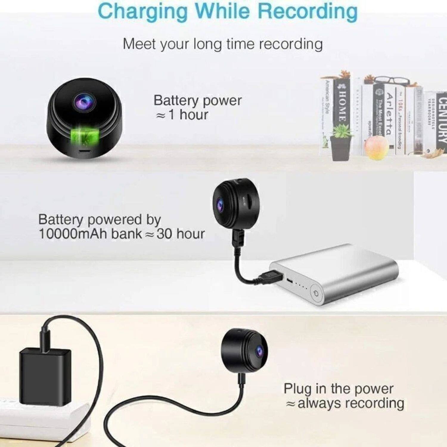 Charging While Recording  
Meet your long time recording  

Battery power  
≈ 1 hour  

Battery powered by 10000mAh bank  
≈ 30 hour  

Plug in the power  
≈ always recording