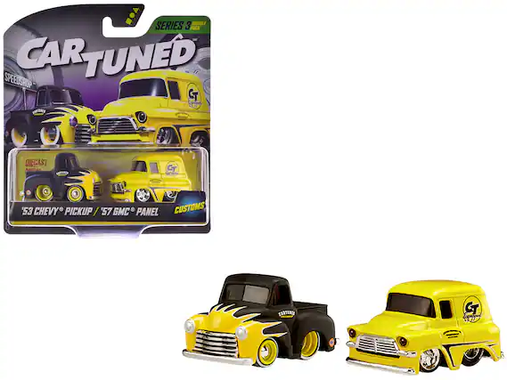 Sure, here is the corrected and grouped text from the image:
---
**CAR TUNED**
**SPEEDSHOP**
**SERIES 3 DOUBLE PACK**
**DIECAST**
**'53 CHEVY PICKUP / '57 GMC PANEL**
**CUSTOMS**
**GT Equipped**
**CARTUNED**
---
This text is organized based on the visible elements in the image.
