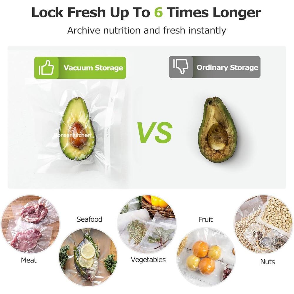 Lock Fresh Up To 6 Times Longer  
Archive nutrition and fresh instantly  

Vacuum Storage  
VS  
Ordinary Storage  

Seafood  
Meat  
Vegetables  
Fruit  
Nuts