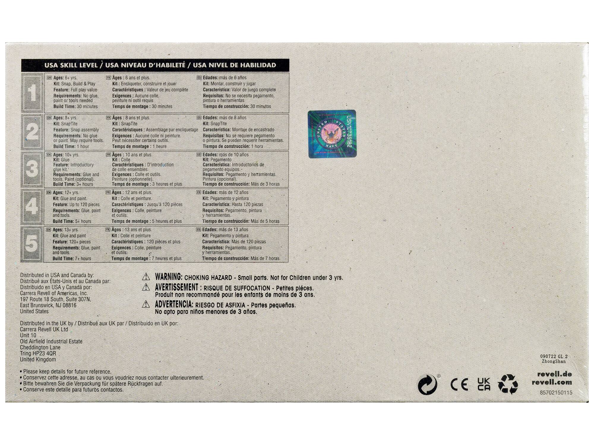 **USA SKILL LEVEL / USA NIVEAU D'ABILITÉ / USA NIVEL DE HABILIDAD**

**1**  
Ages: 6-8 yrs  
Kit: SnapTite  
Features: Play value  
Requirements: No glue, paint or tools needed  
Build Time: 30 minutes  
Ages: 6 años y más  
Kit: SnapTite  
Características: Valor de juego completo  
Exigencias: No se necesita pegamento, pintura o herramientas  
Tiempo de montaje: 30 minutos  
Edades: más de 6 años  
Kit: SnapTite  
Características: Valor de juego completo  
Exigencias: No necesita pegamento, pintura o herramientas  
Tiempo de montaje: 30 minutos  

**2**  
Ages: 8-10 yrs  
Kit: SnapTite  
Feature: Snap assembly  
Requirements: No glue, paint or tools may require tools.  
Build Time: 1 hour  
Ages: 8 años y más  
Kit: SnapTite  
Características: Asamblea por enclavamiento  
Exigencias: No se necesita pegamento, pintura o