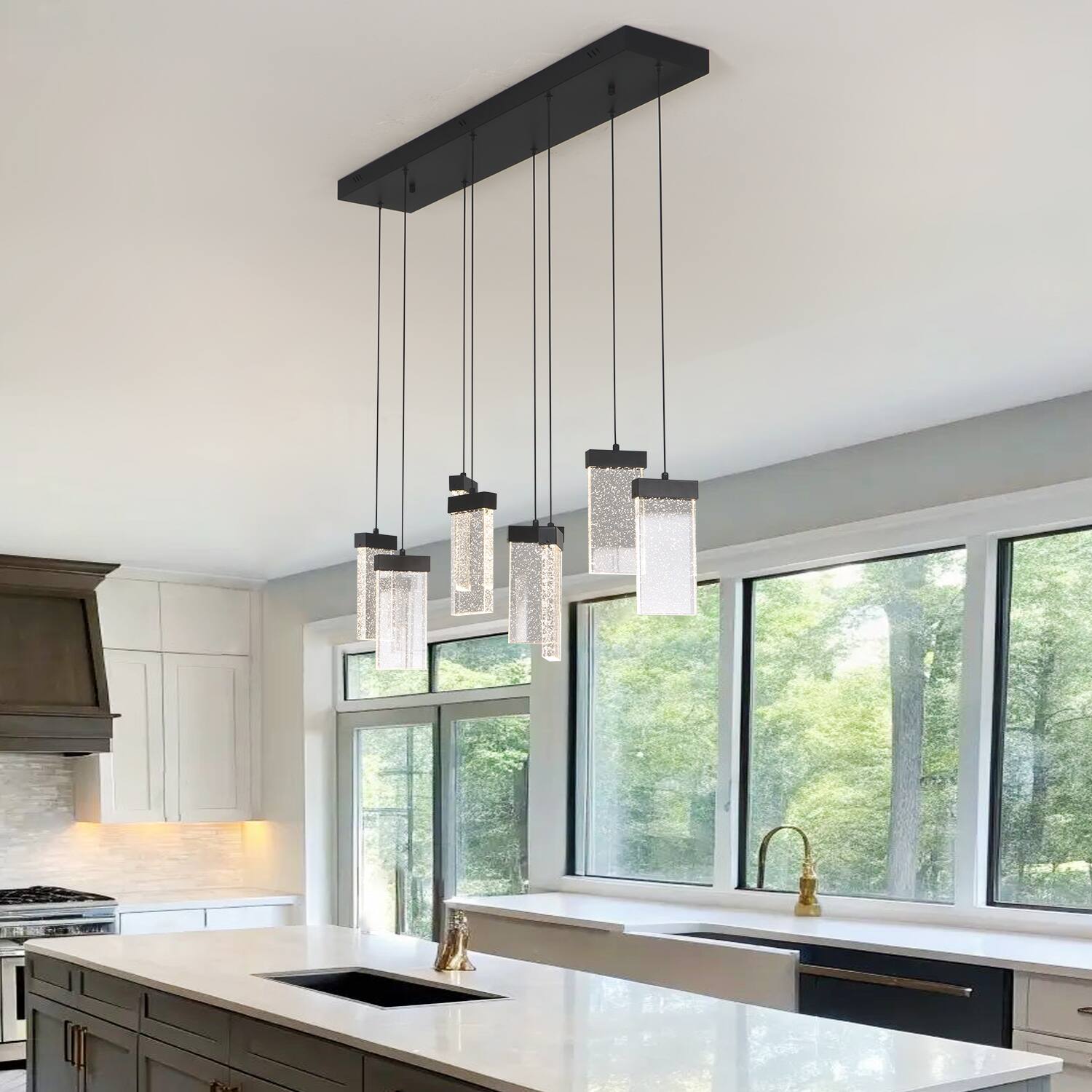Back. Umeiluce - 8 Lights Modern Perceus Kitchen Island Chandelier Rectangle Base Warm Light Dimmable - Matte Black.