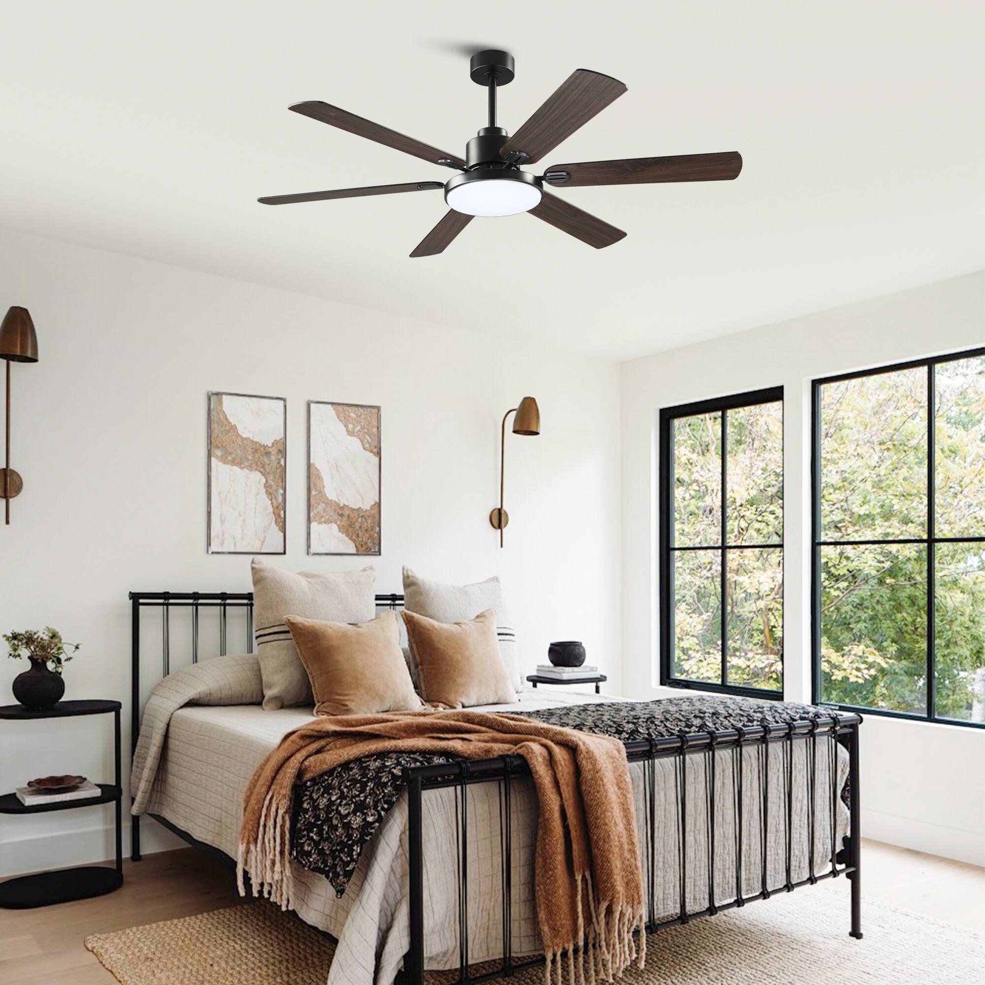 Alt View 2. Parrot Uncle - 60" Modern 6-Blade Dimmable LED Ceiling Fan with Light and Remote - Matte Black.