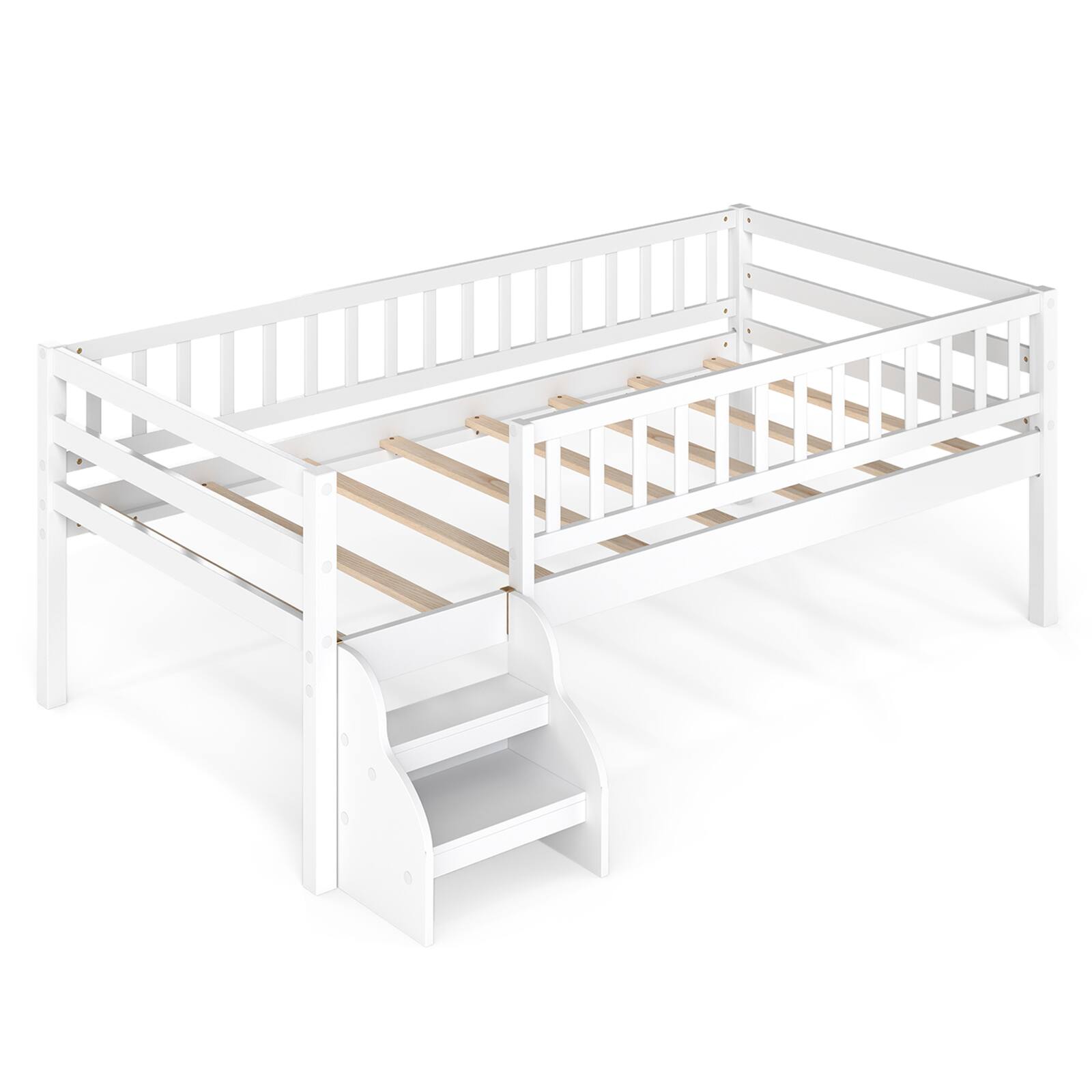 Alt View 9. Costway - Costway Twin Size Montessori Bed with Stairs Guardrails Wooden Slat Support Under Bed Space - White.
