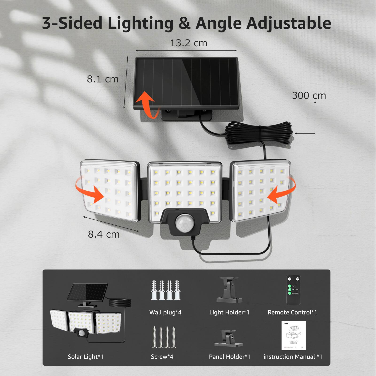 Alt View 5. Lepro - 1000LM Solar Motion Sensor Light Outdoor, 6500K Daylight, Separate Solar Panel, 2 Modes, Remote Control, IP65 Waterproof - Black.