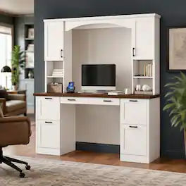 RYHNUYNE - Farmhouse Arched Computer Desk with Hutch, Walnut, Finish, Charging Station and Keyboard Tray, 67.4 inches Wide - White